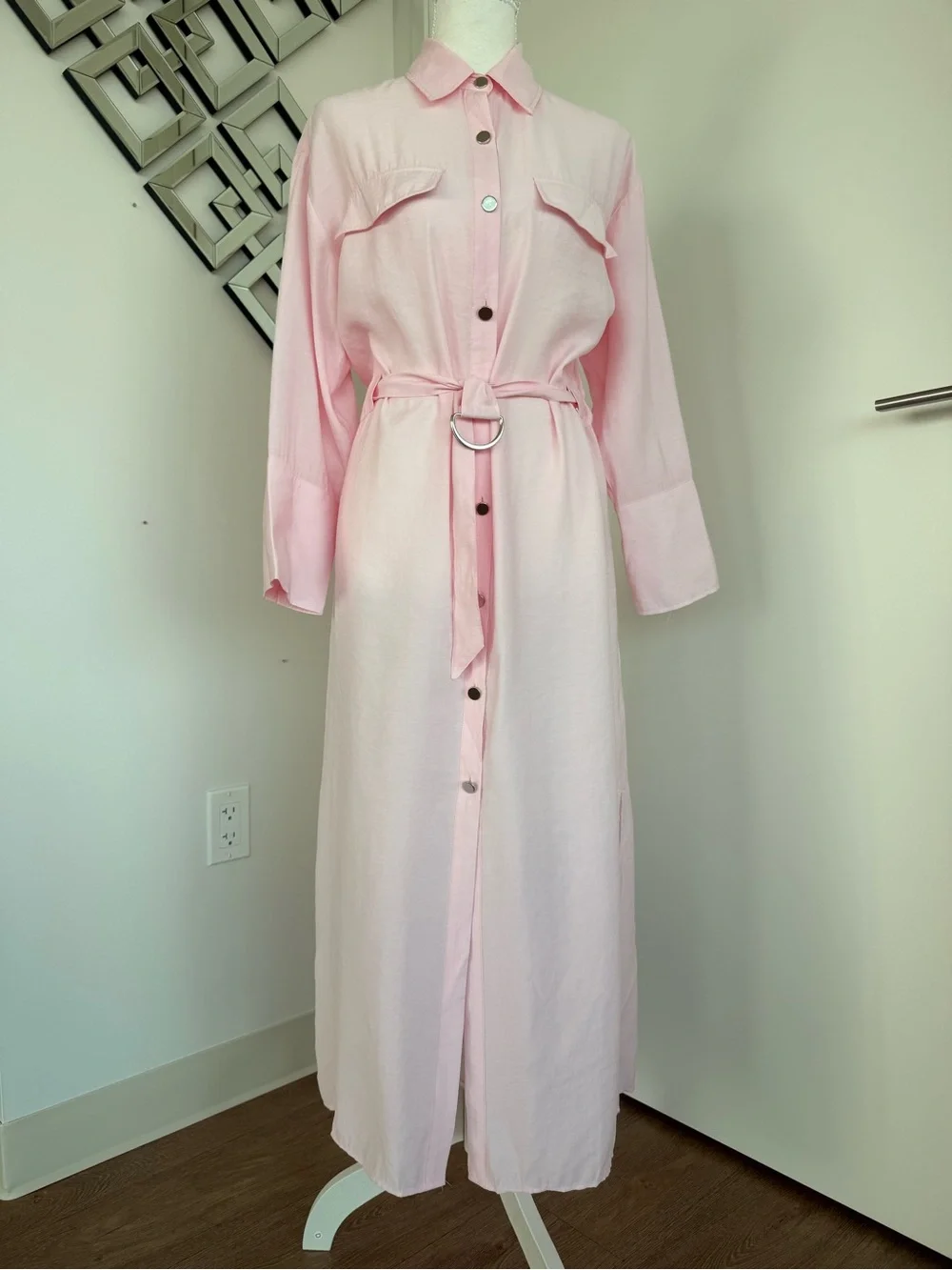 Long Pink Button-Front Shirt Dress